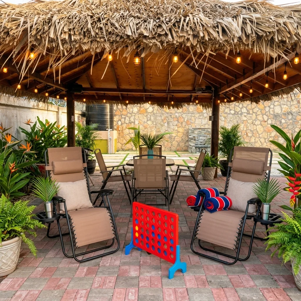 Outdoor gazebo patio with seating and giant Connect Four board game