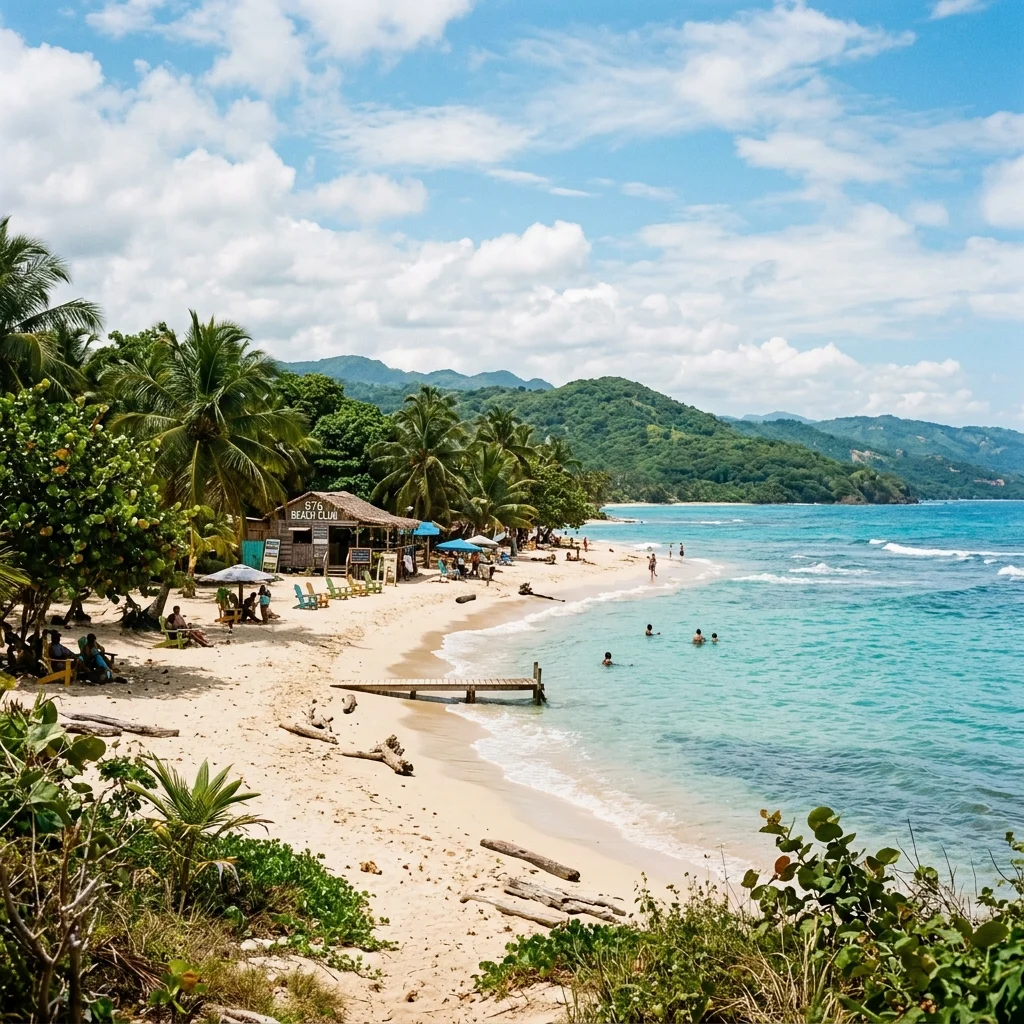 Lush white sand beach and turquoise water close to Florence Hall Village