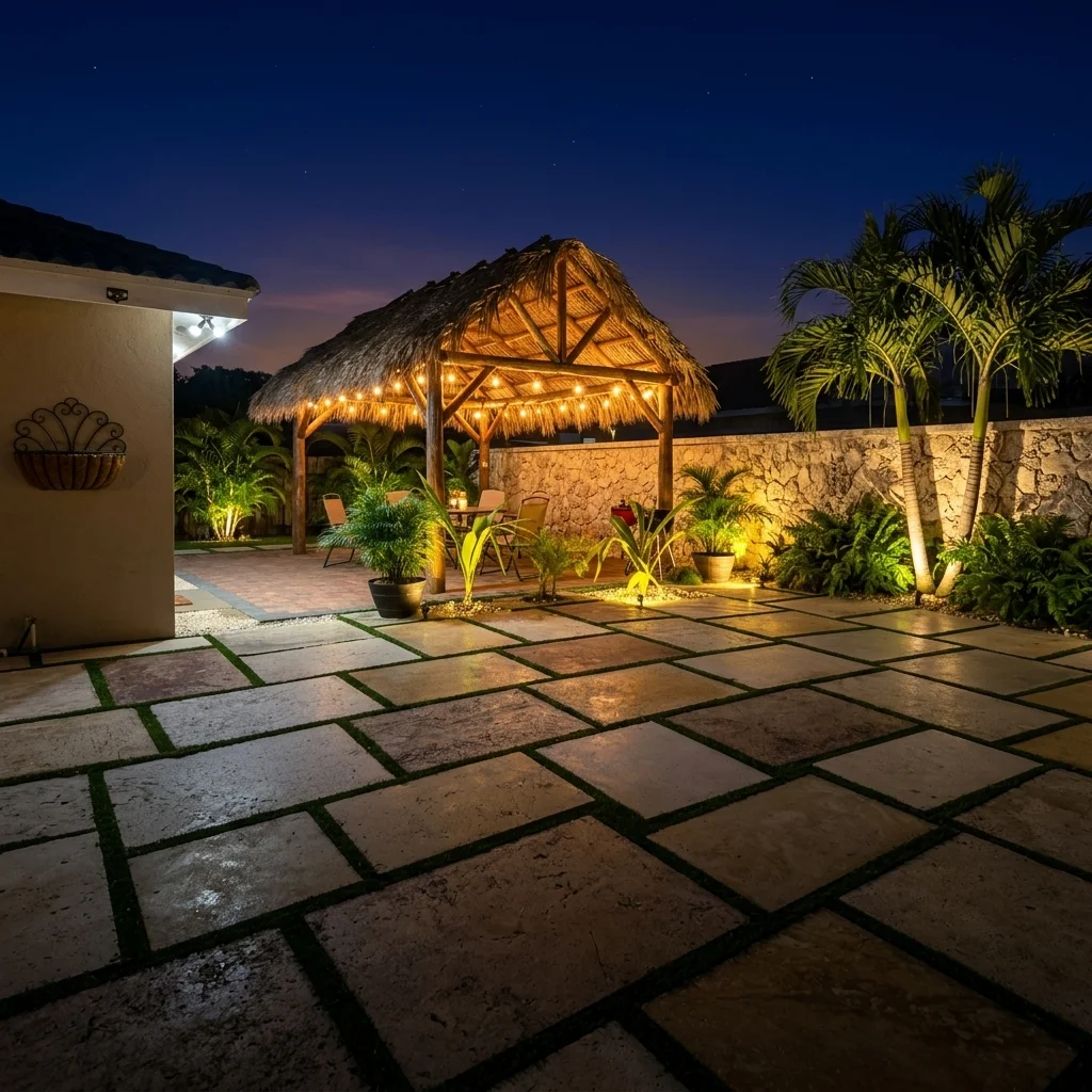 Illuminated backyard gazebo and paved patio at Miramar Villa 499 in the evening