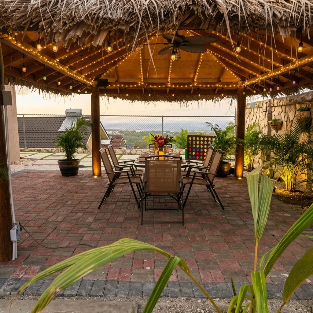 Shaded gazebo seating table for dining outdoors