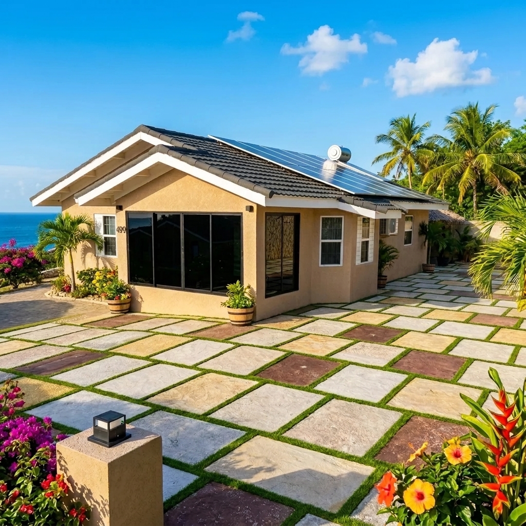Stunning twilight view of Miramar Villa 499 at Stonebrook Manor Estates, Florence Hall, Jamaica