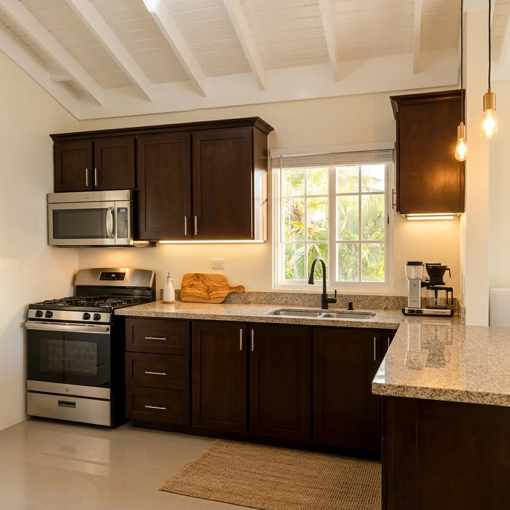 Modern fully-equipped kitchen with dark wood cabinetry and steel appliances at Miramar Villa 499