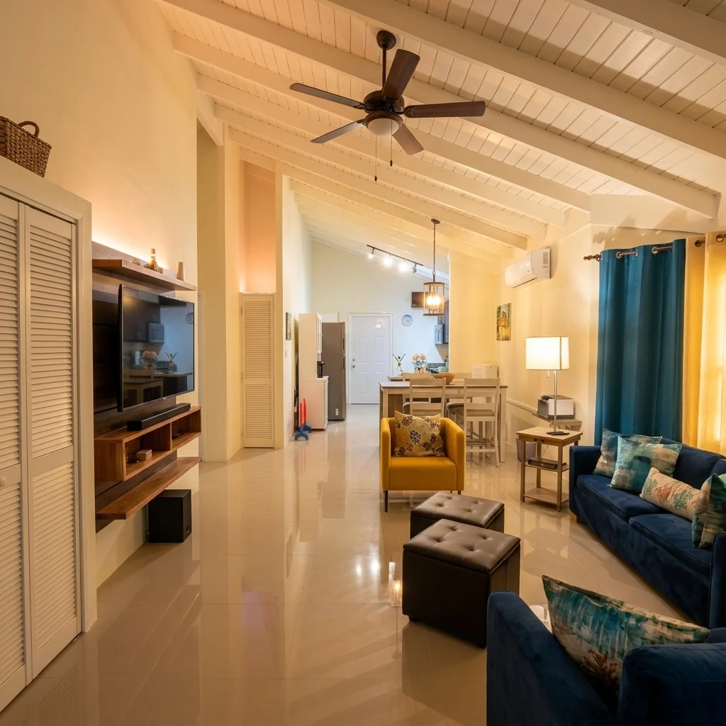 Wide-angle view of the living area interior