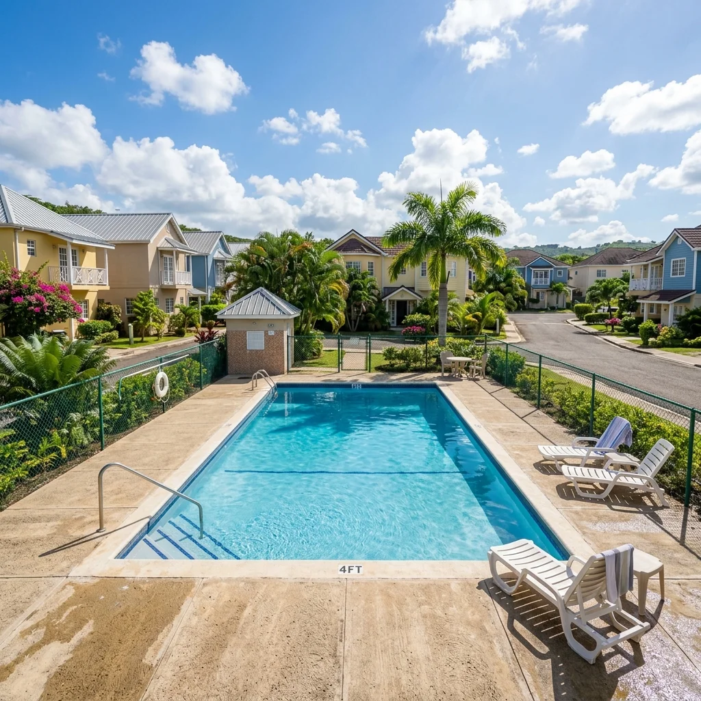Resort-style community swimming pool surrounded by palm trees