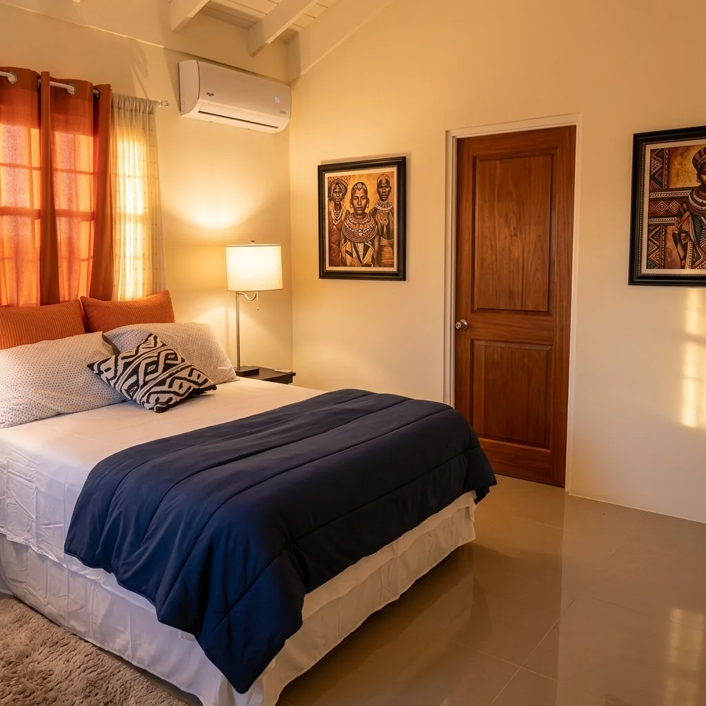 Master suite with king bed and tropical ceiling fan at Miramar Villa 499