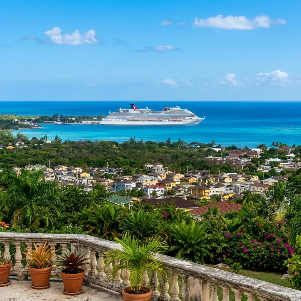 Elevated view of a cruise ship entering Falmouth port from the villa terrace